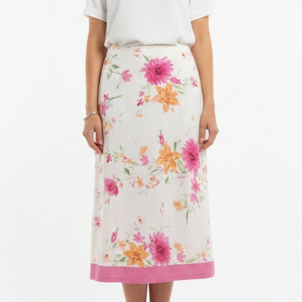 Emma James Floral Midi Skirt - Pink and Orange